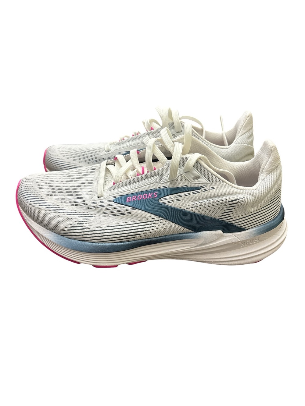 Brooks Revel Woman’s White Running Shoes with Blue Logo and Pink Accents Sz/ 8.5